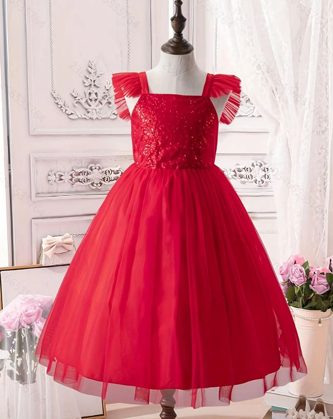 Vestido Rojo Mangas Tull