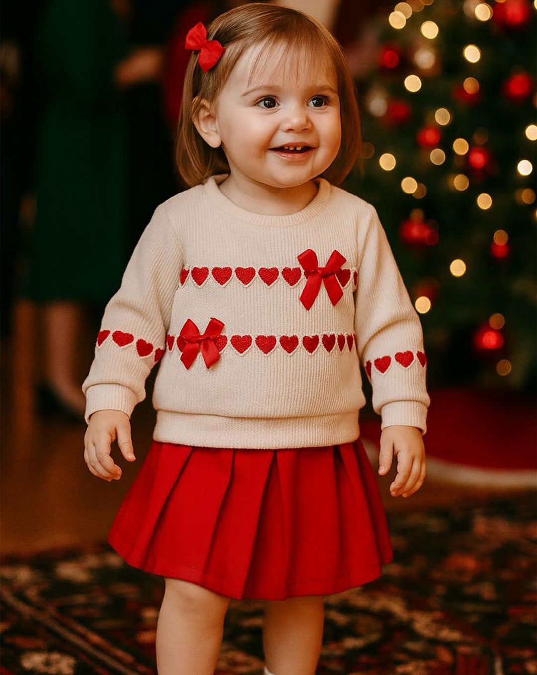 Cj Falda Roja Buso Moñitos Corazón