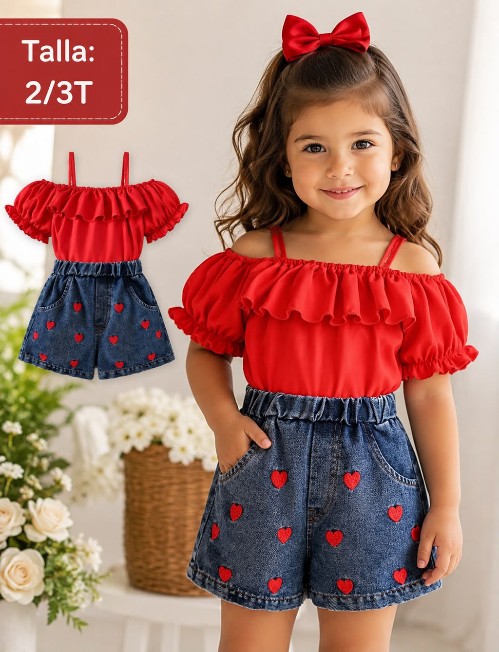Conjunto "Corazones Coquetos" con Top de Hombros Caídos