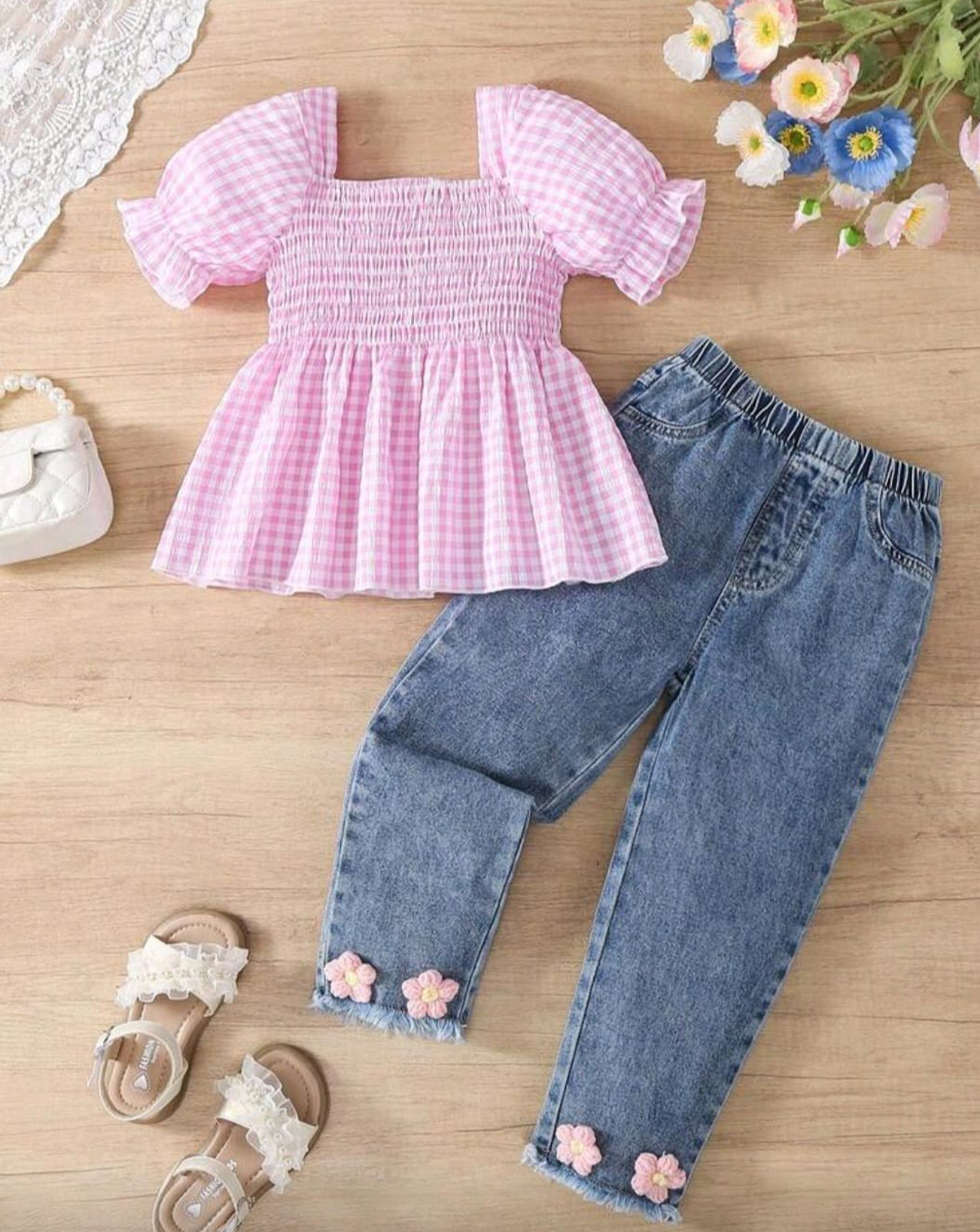 Blusa cuadros y jean flores