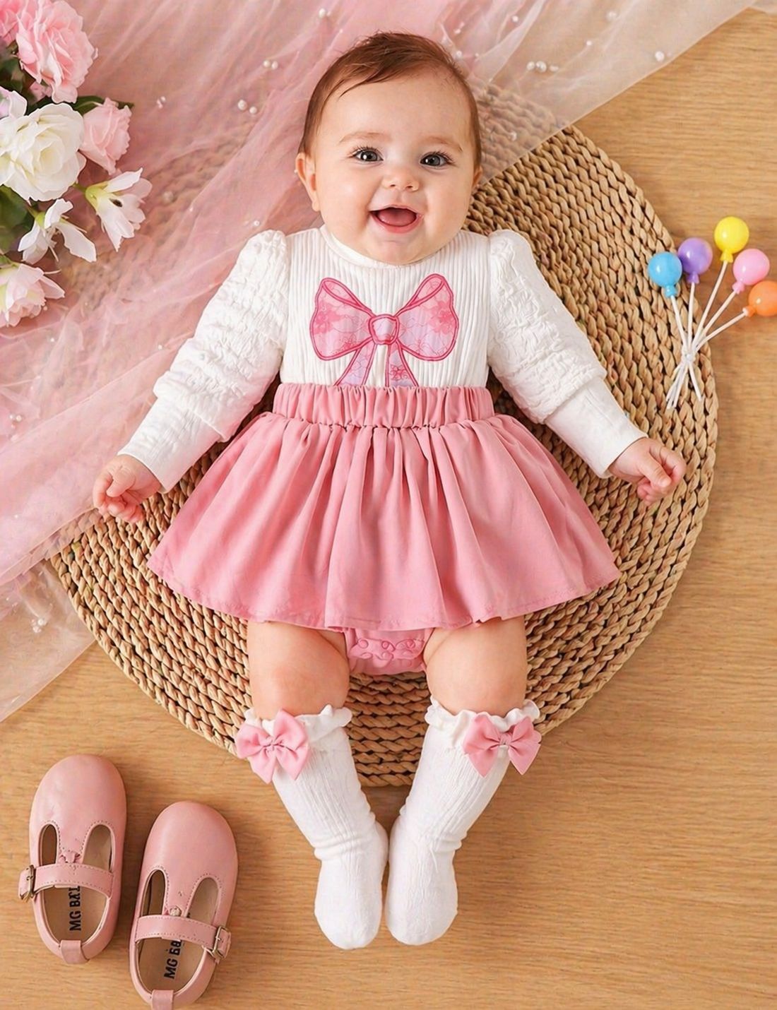 Vestido Body Bebé, incluye medias y balaca