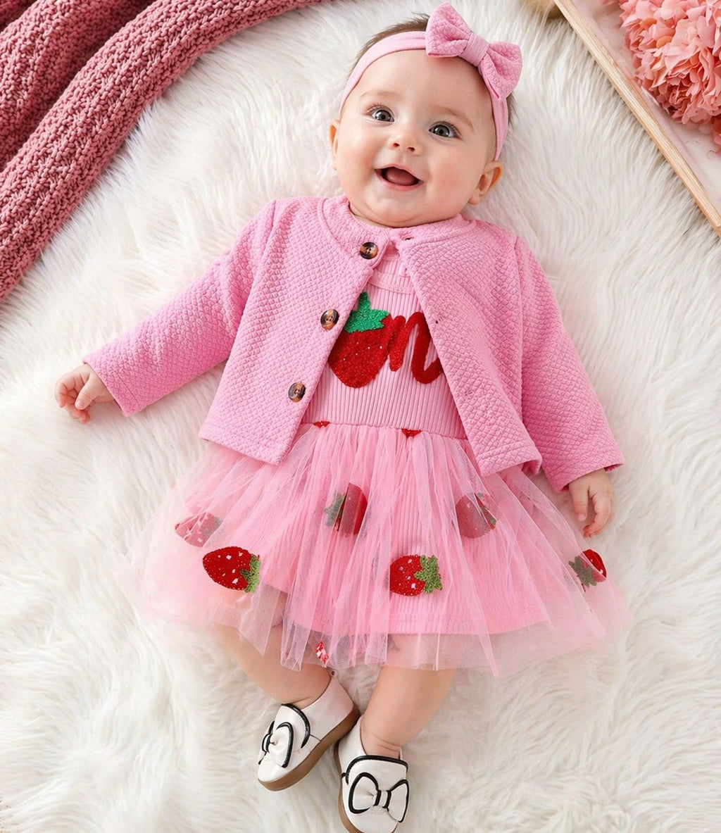 Vestido Bebé fresa mas chaqueta rosa