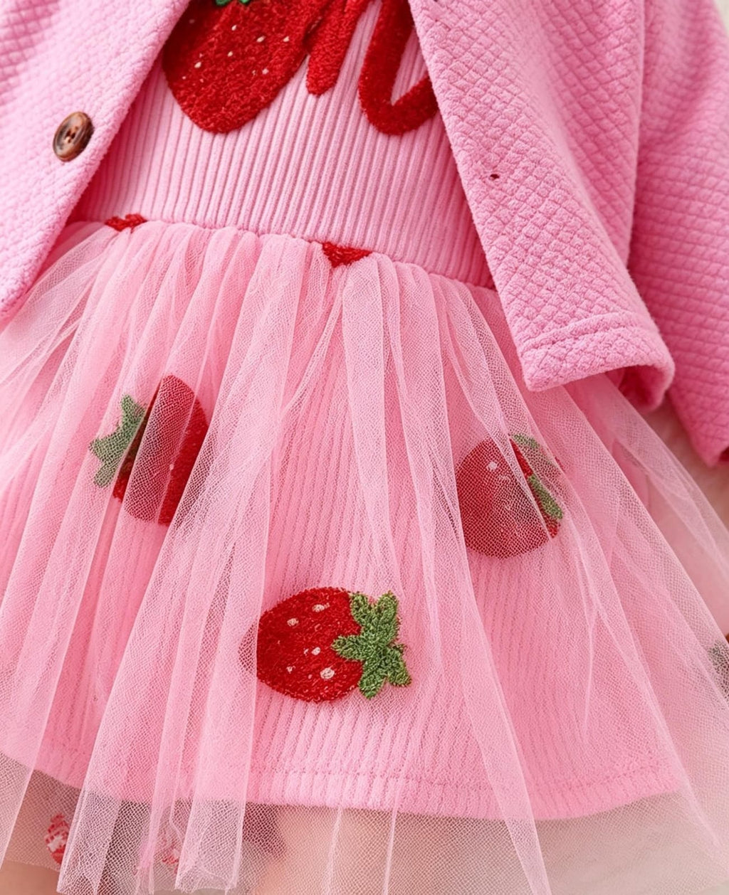 Vestido Bebé fresa mas chaqueta rosa