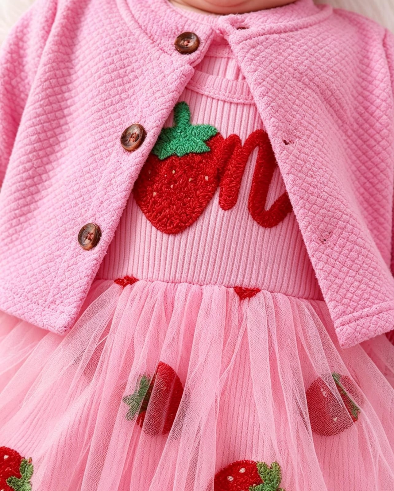 Vestido Bebé fresa mas chaqueta rosa