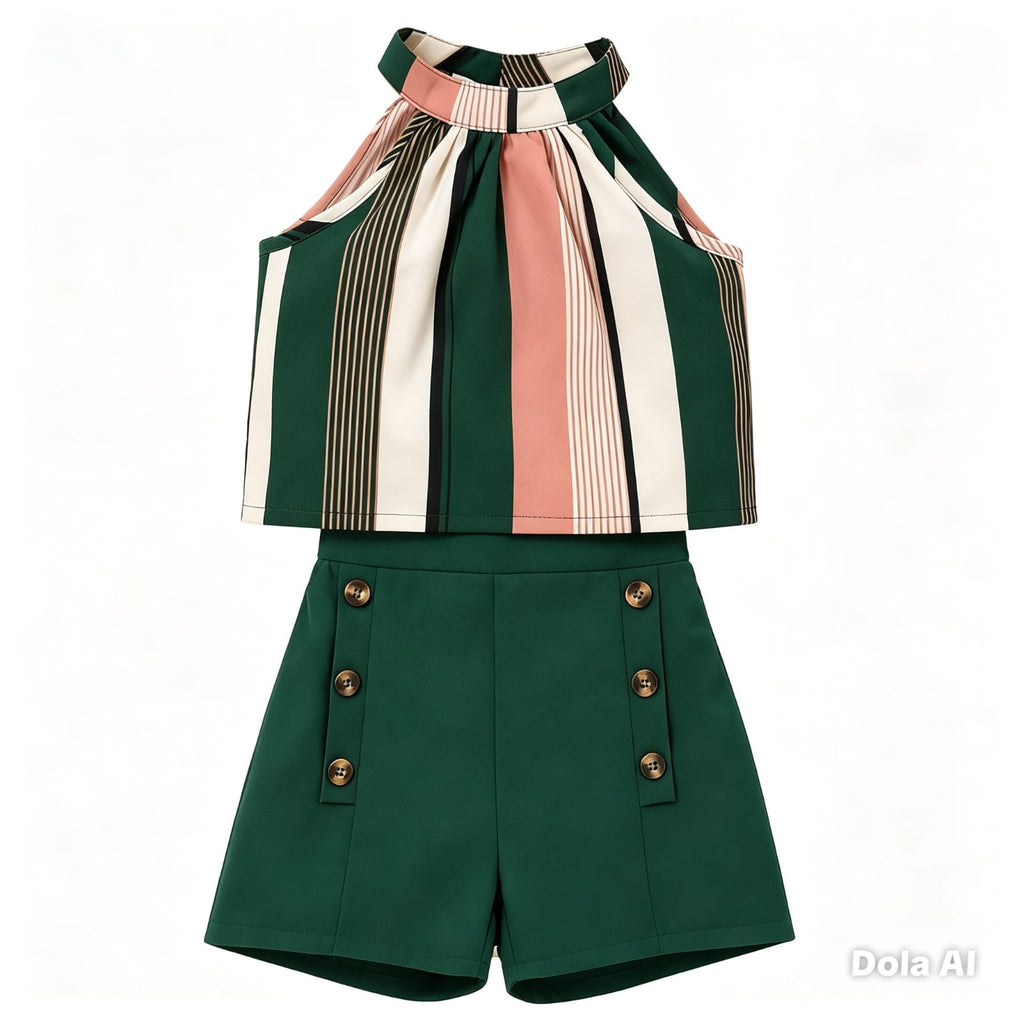 Conjunto niña Short verde y Blusa rayas