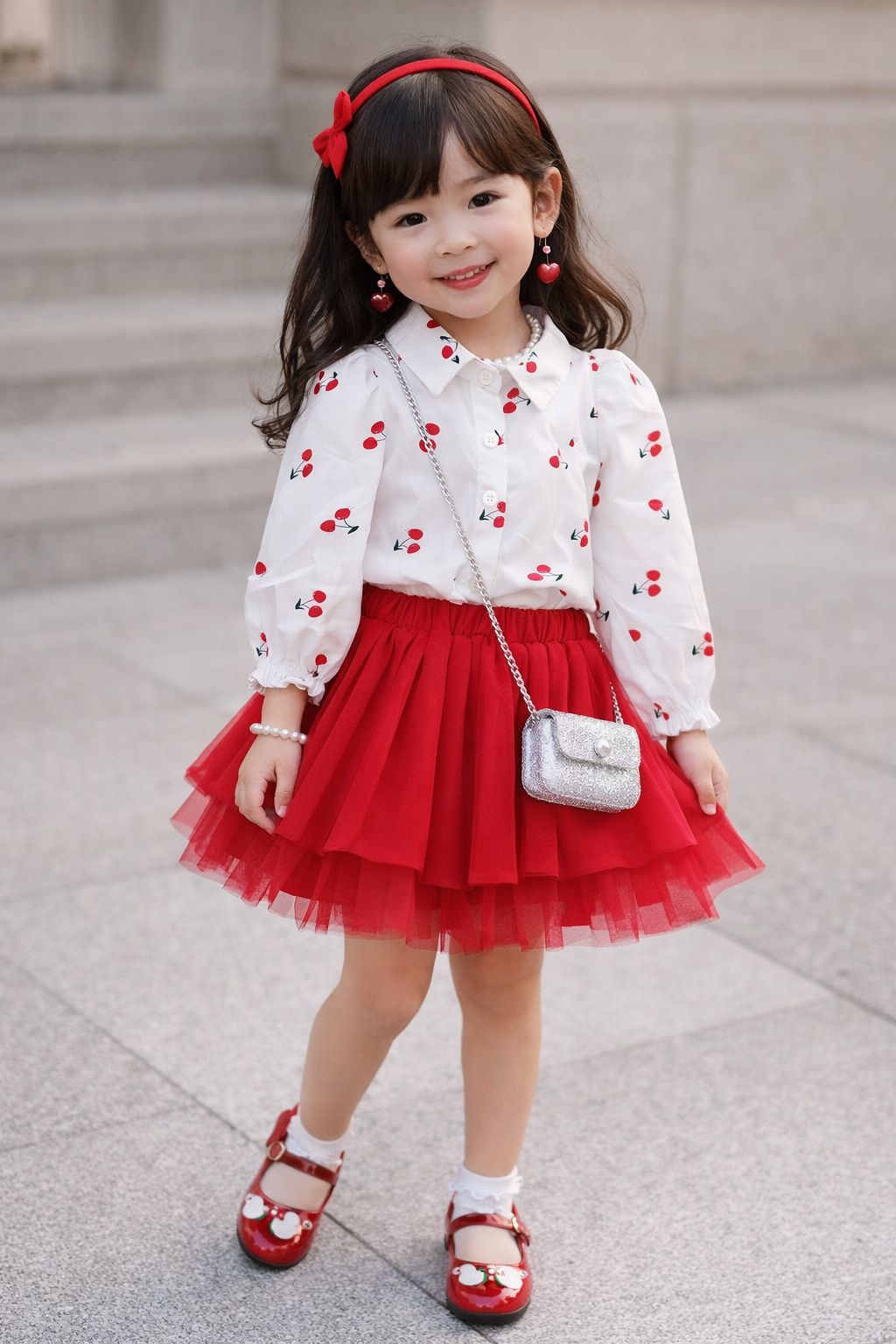 Conjunto Blusa Cerezas y Falda Roja