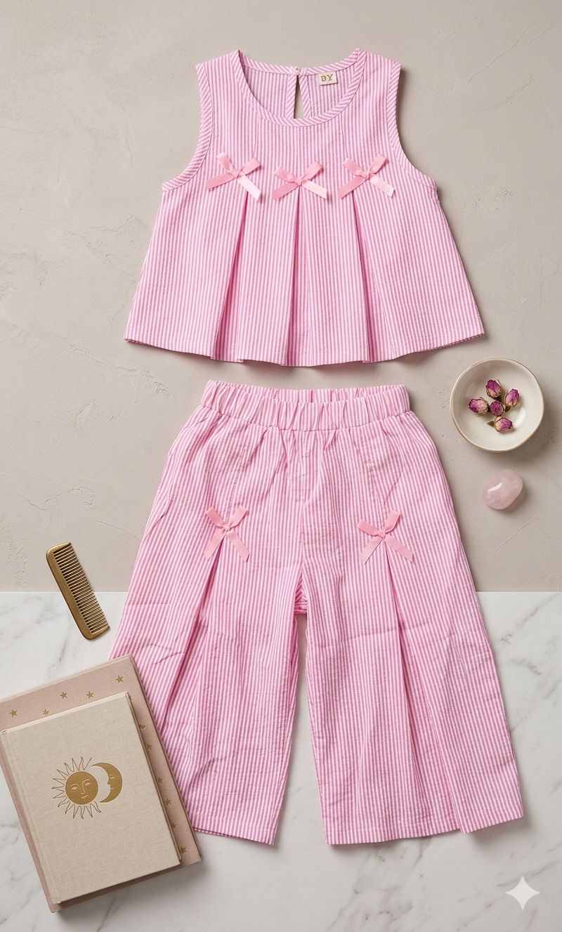 Conjunto Infantil Rosa Rayas con Lazos