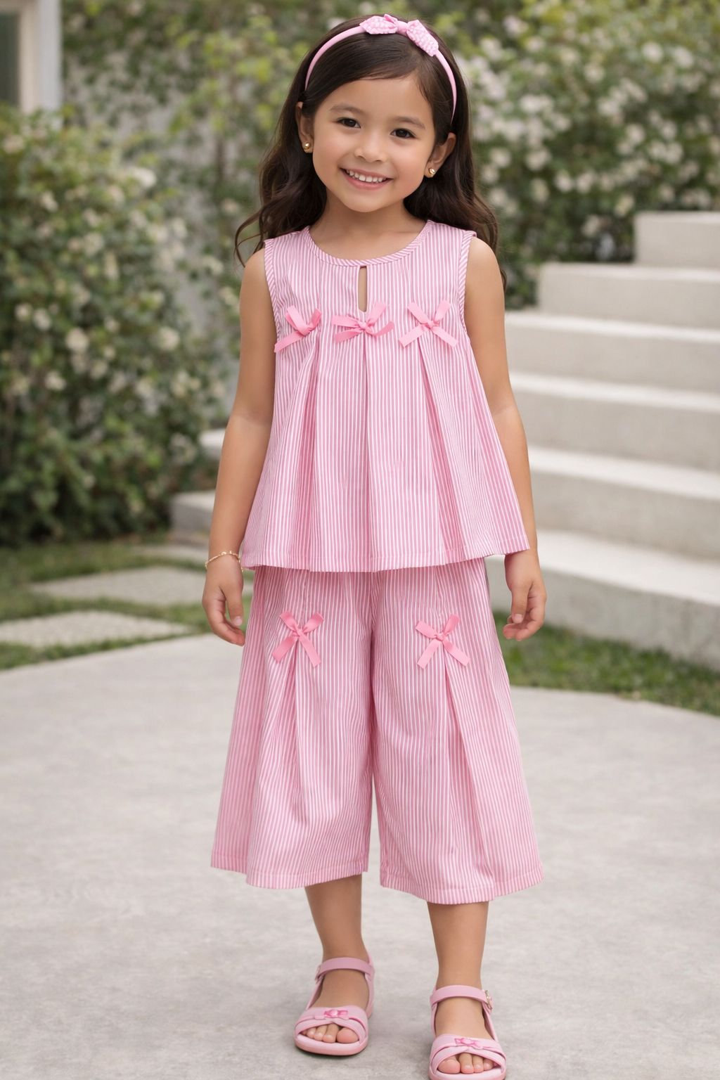 Conjunto Infantil Rosa Rayas con Lazos