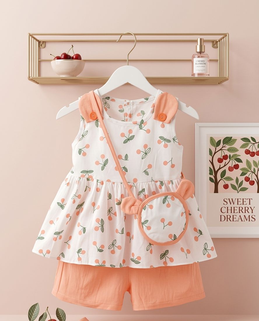 Vestido Corto con Short y Bolso para Niña Diseño de Cerezas