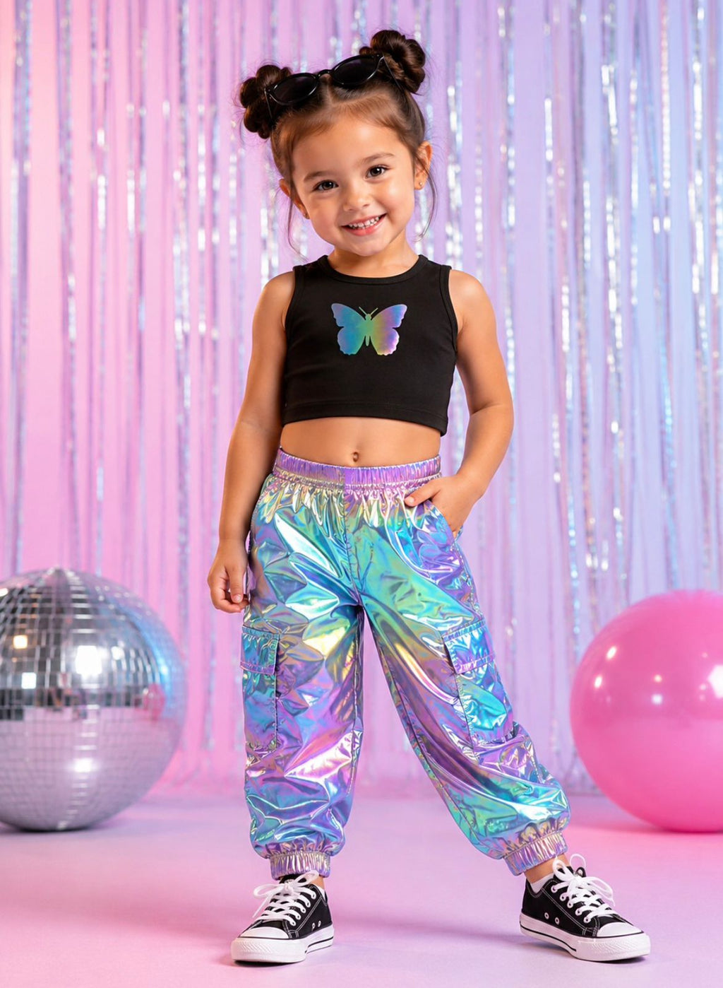 Conjunto Niña pantalon Metalic y top Negro