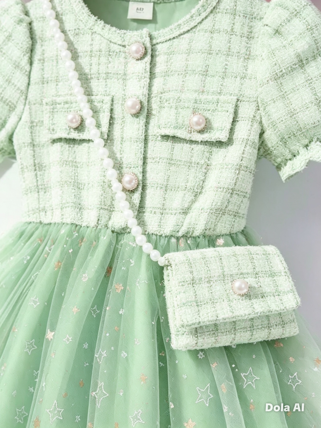 Vestido menta mangas globo/bolso