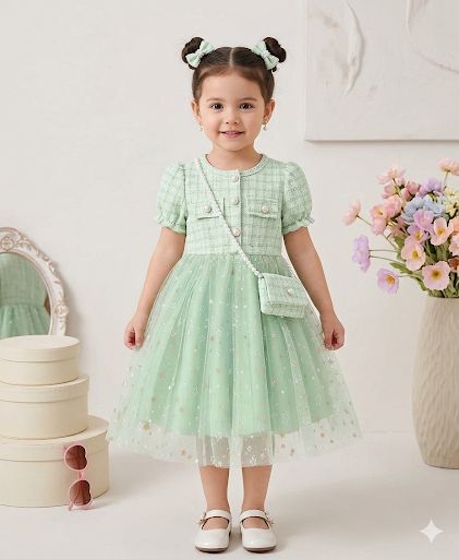 Vestido menta mangas globo/bolso