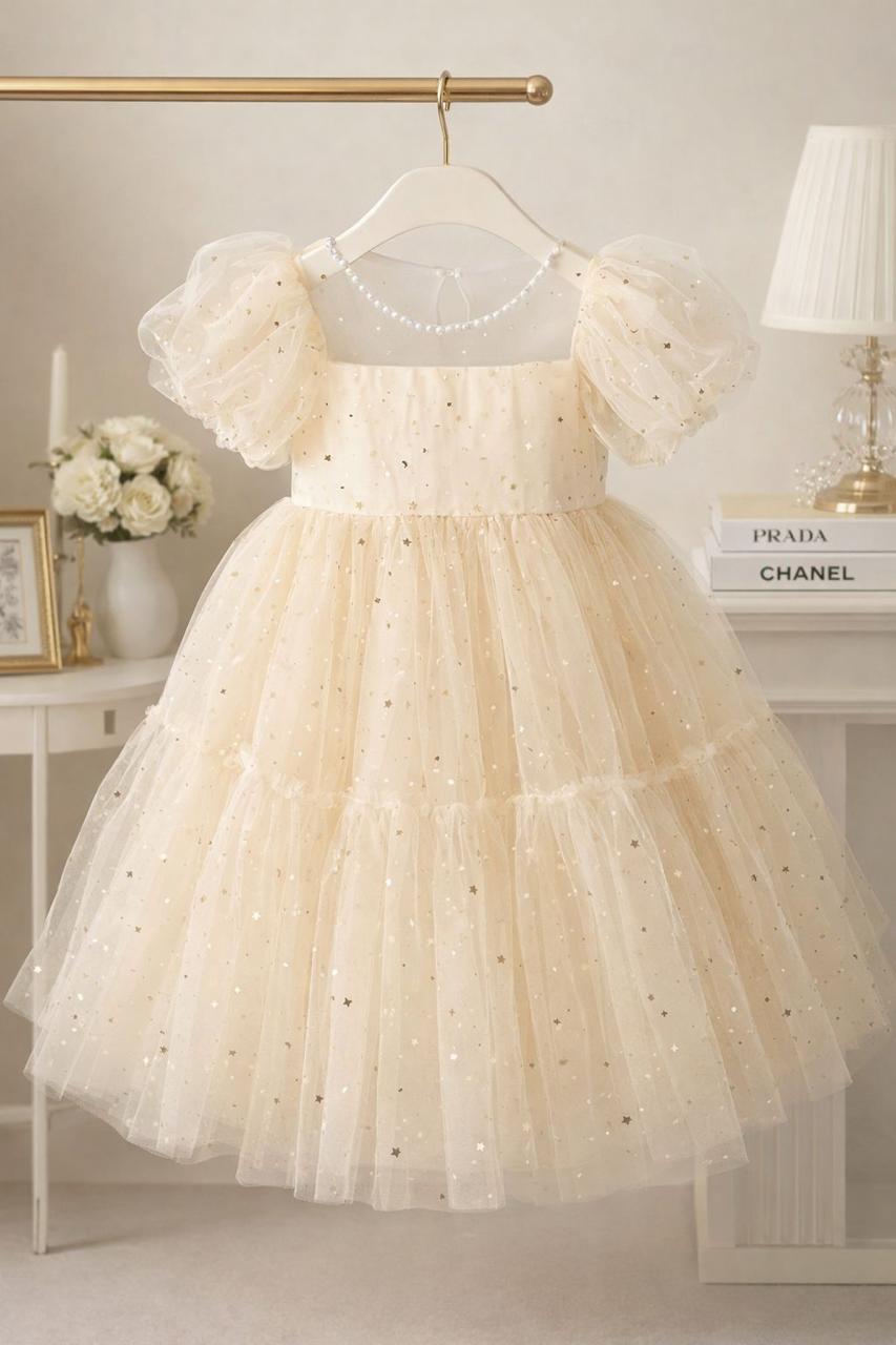 Vestido princesa destellos en shampán