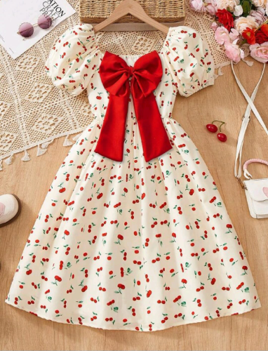 Vestido manga globo y moño rojo