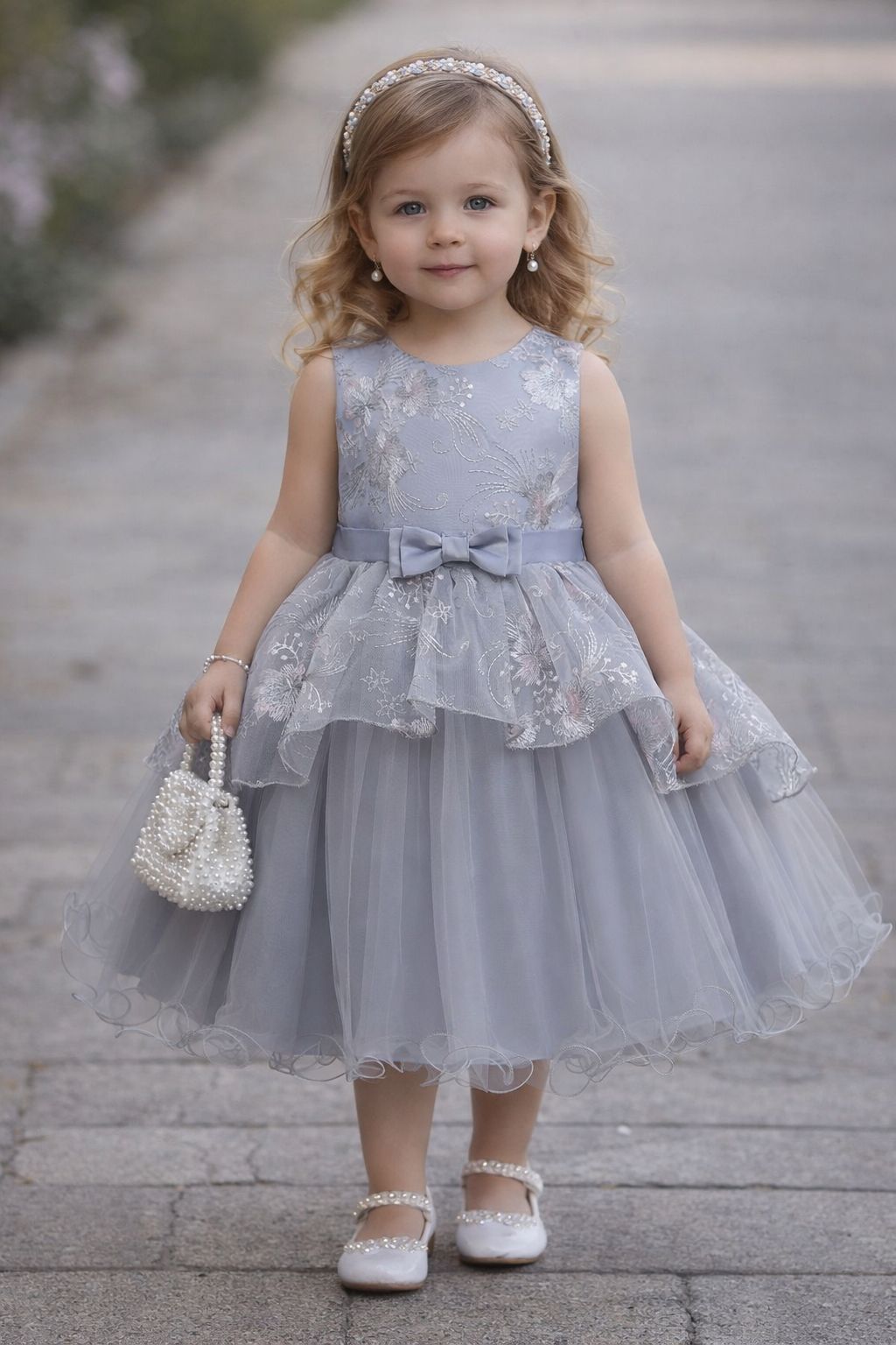 Vestido de Gala Infantil Princesa "Giselle" – Gris Plata