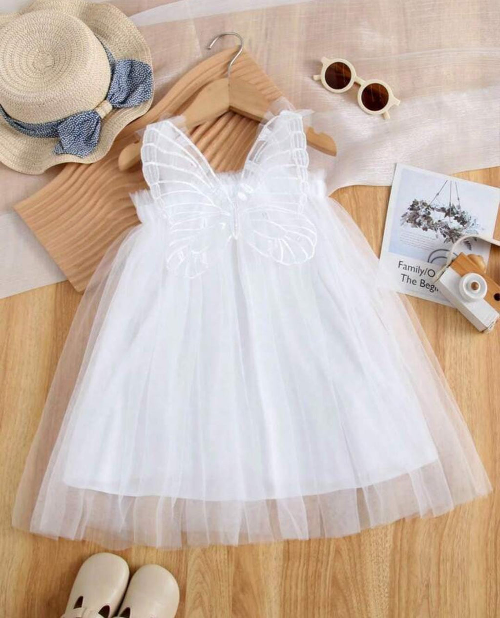 Vestido Infantil Tul Blanco Alas Mariposa