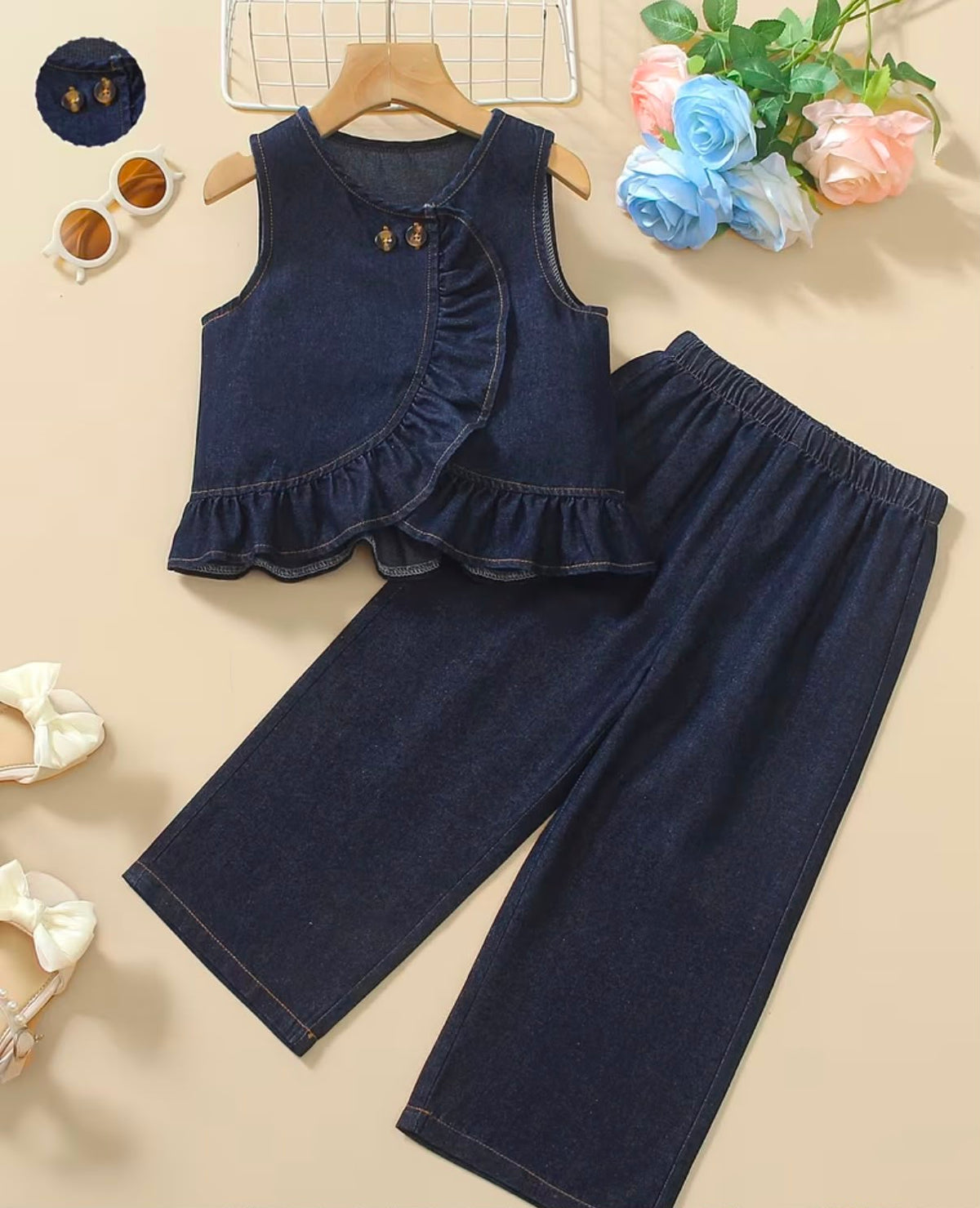 Conjunto Denim Chic Ruffle & Palazzo